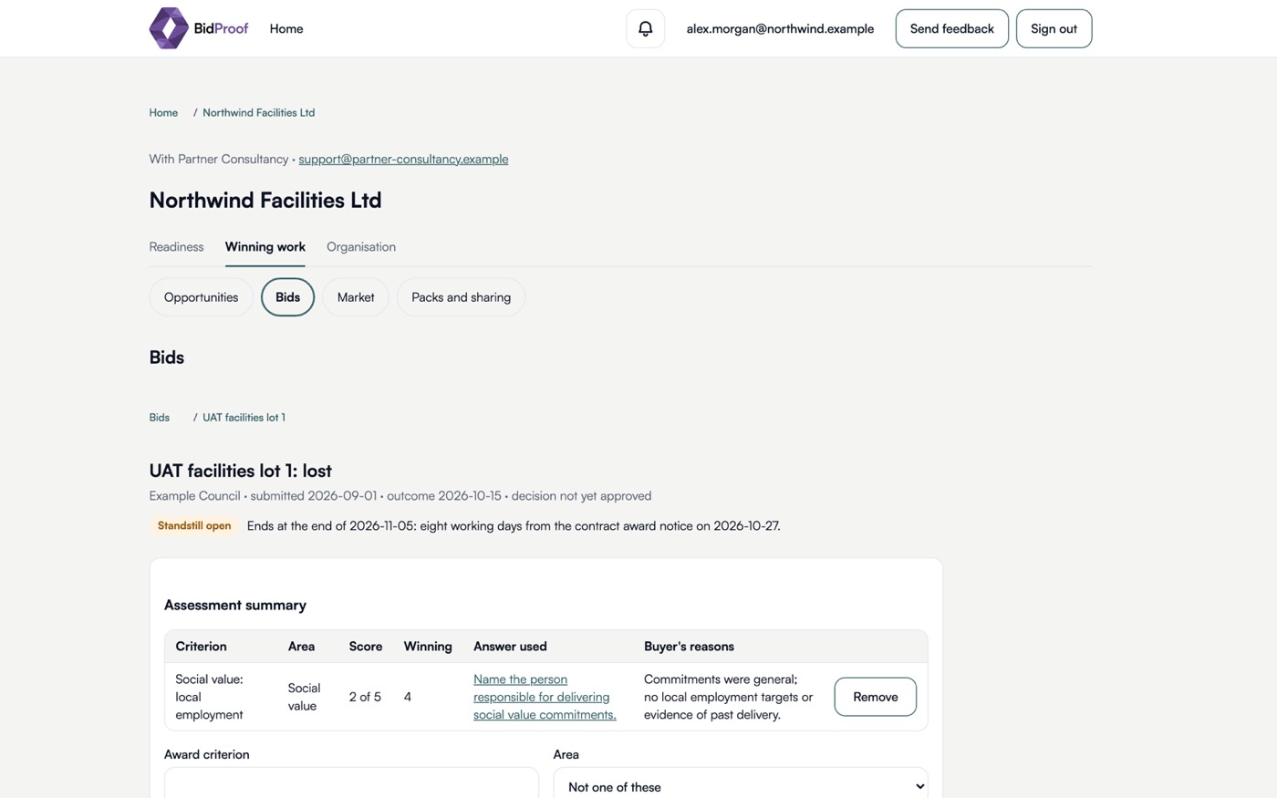A BidProof bid record marked lost, with the standstill end date and an assessment summary scoring one criterion two of five against a winning four