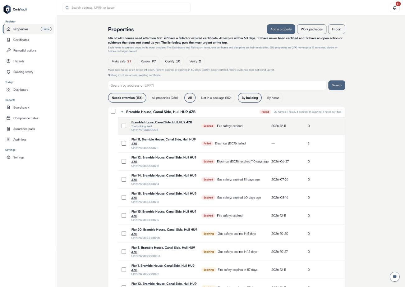 The CertsVault properties screen for Humber Homes (demo): homes grouped by building and tagged Failed, Expired or Expiring