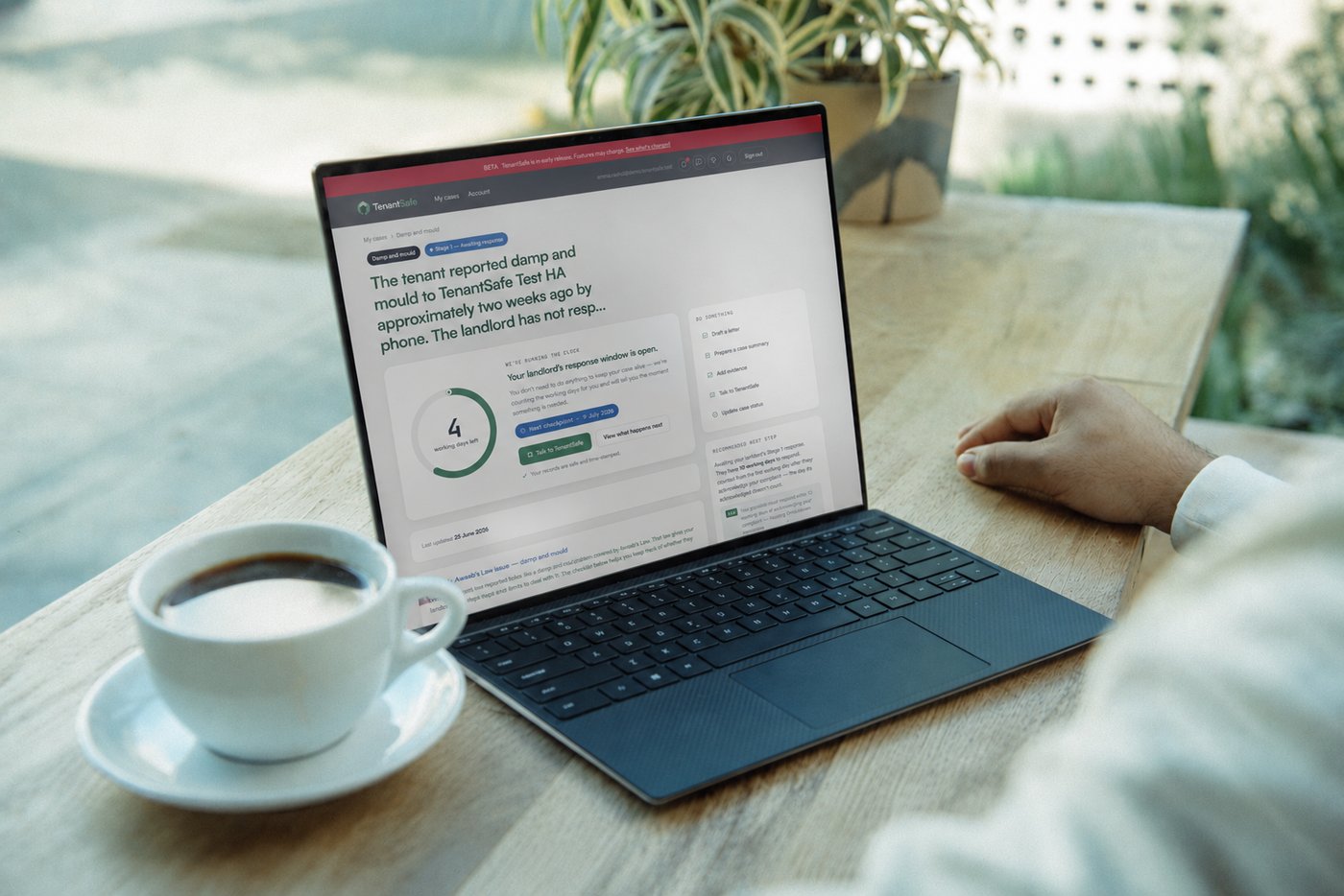 TenantSafe open on a laptop on a desk - a damp and mould complaint tracked against Awaab's Law, with landlord duties and Stage 2 escalation